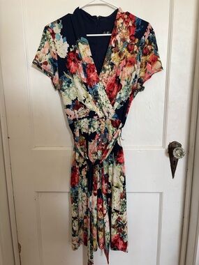LF Navy Floral Wrap Midi Dress with Multicolor Blooms